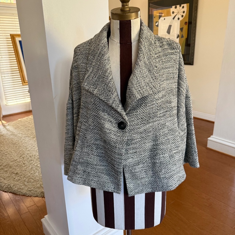 Eileen Fisher Gray Herringbone Silk Lined One Button Swing Jacket Boxy X Small